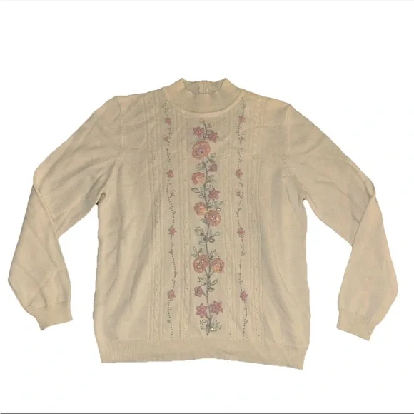 Vintage Alfred Dunner Sweater M Petite Cream Purple Floral Embroidered Grandma - Picture 1 of 4